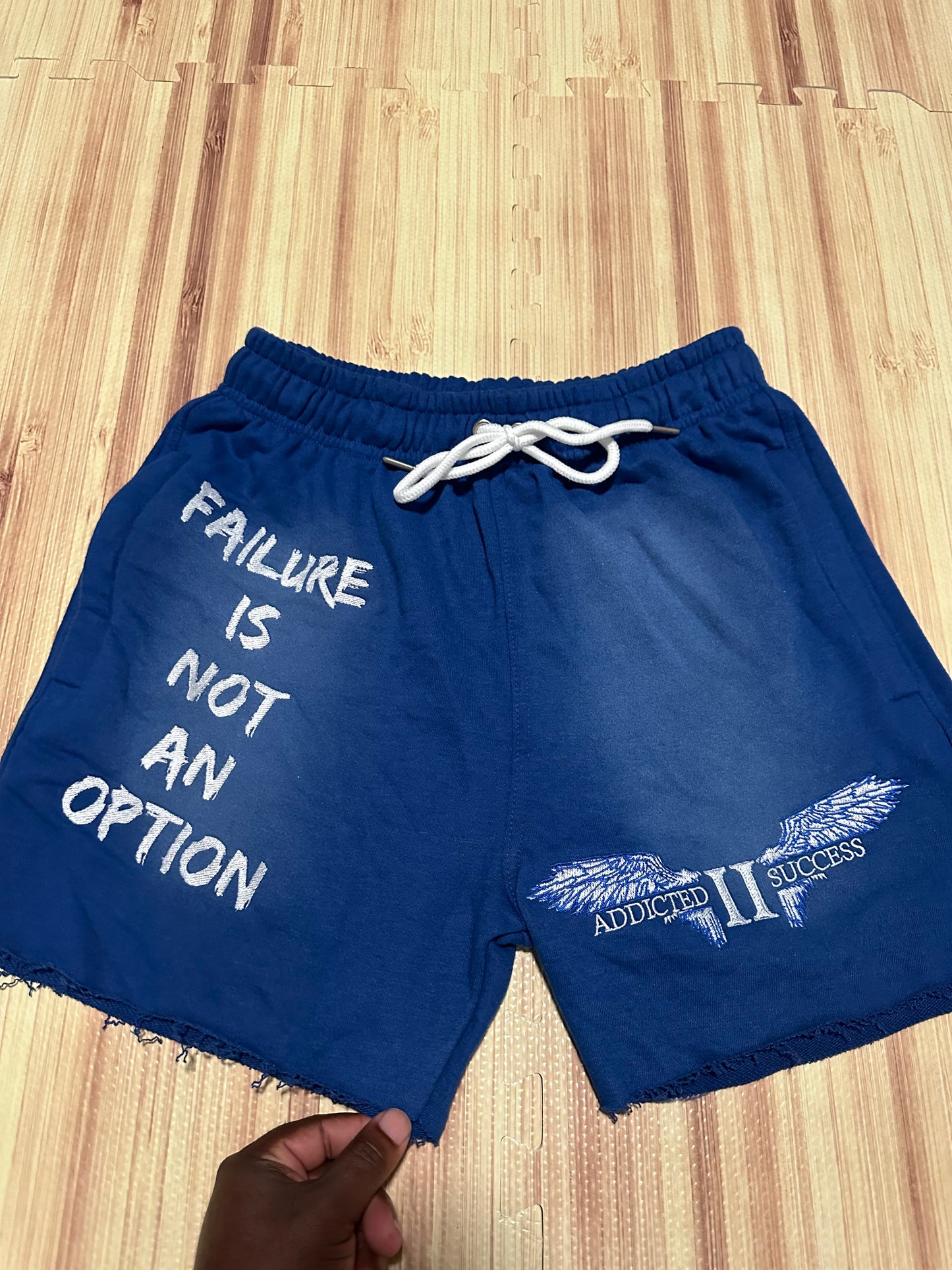 Royal Blue Embroidery (Failure is not an Option)Acid Wash Shorts w/ Hidden zipper pockets