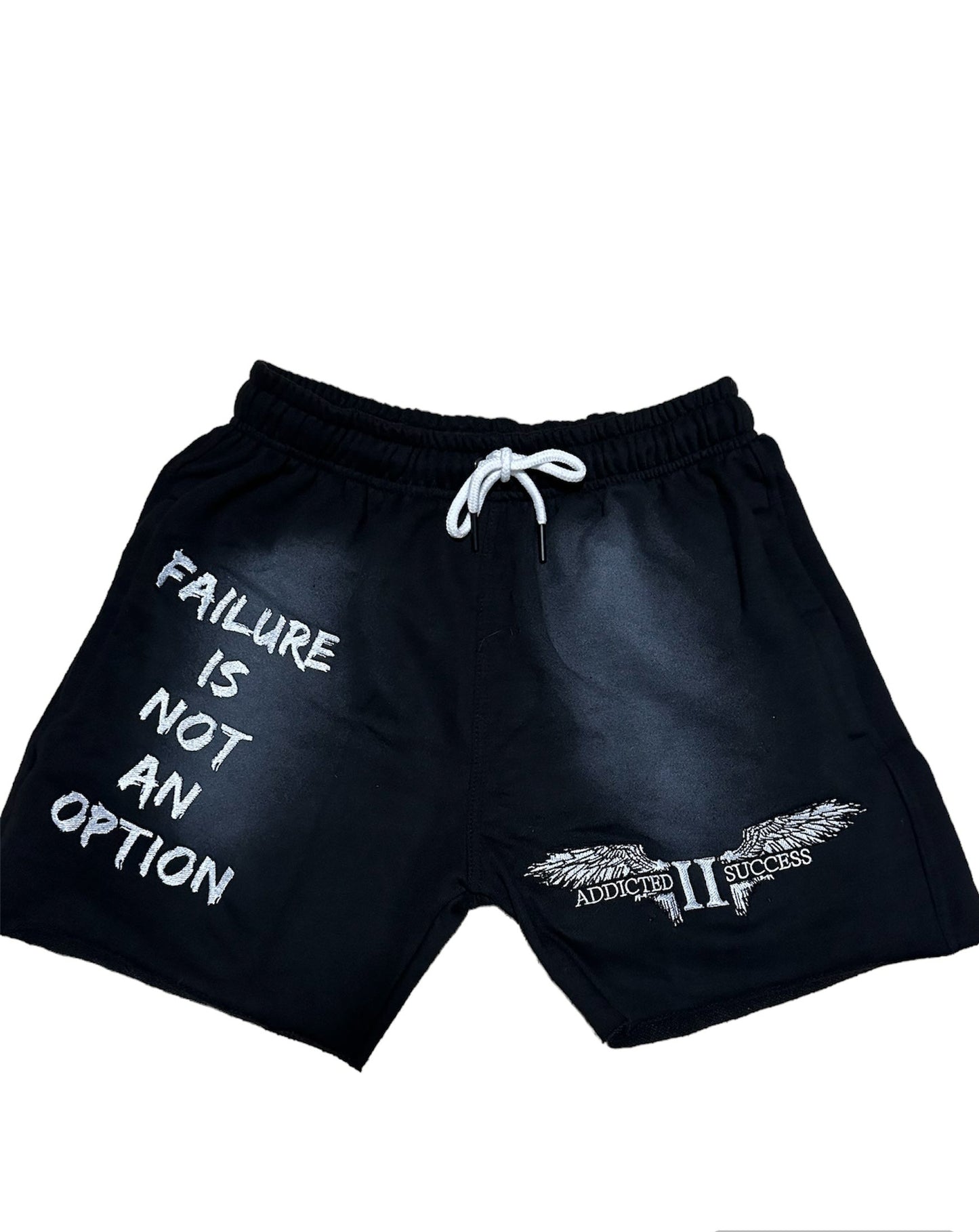 Black Embroidery (Failure is not an Option)Acid Wash Shorts w/ Hidden zipper pockets