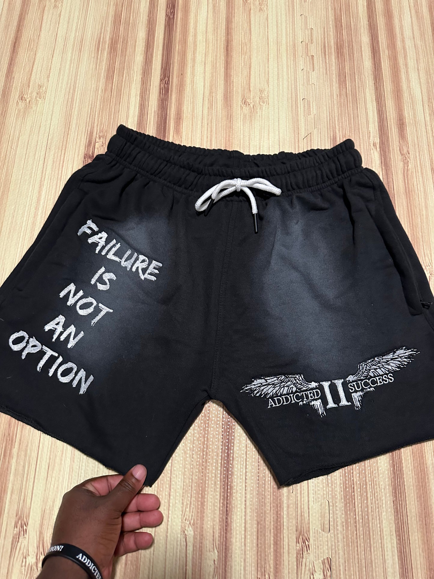 Black Embroidery (Failure is not an Option)Acid Wash Shorts w/ Hidden zipper pockets