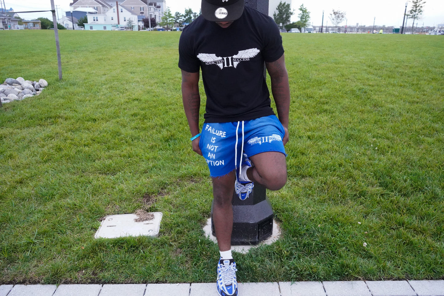 Royal Blue Embroidery (Failure is not an Option)Acid Wash Shorts w/ Hidden zipper pockets