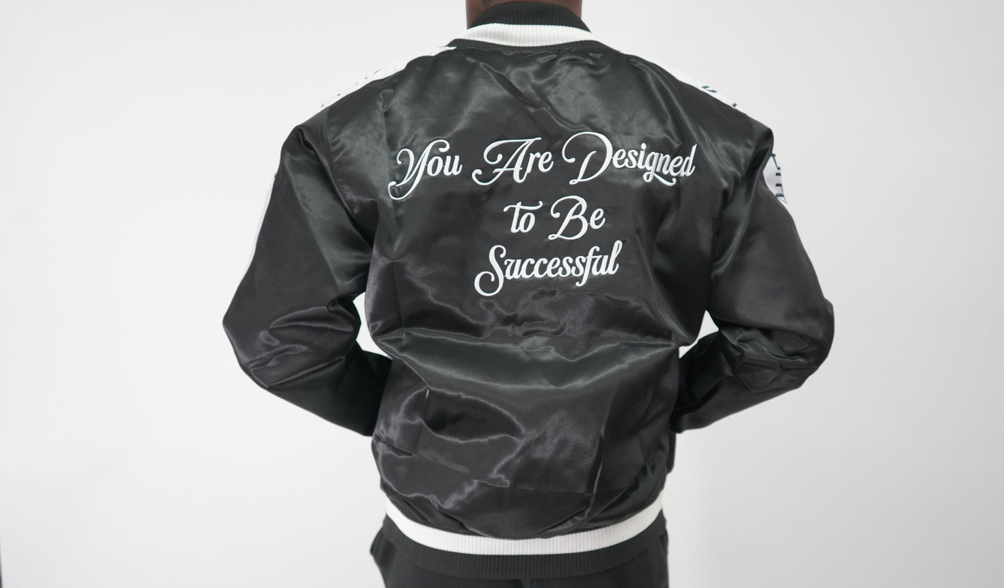 Black and White Embroidered Satin Bomber Jacket (You Are Designed To Be Successful)