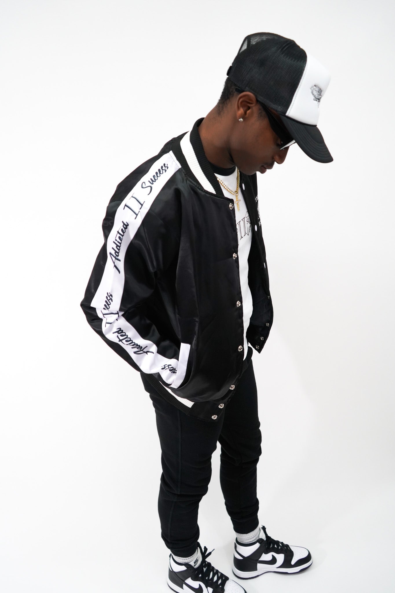 Black and White Embroidered Satin Bomber Jacket (You Are Designed To Be Successful)