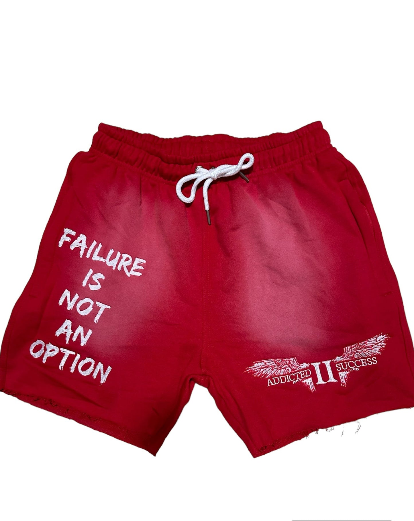 Red Embroidery (Failure is not an Option) Acid Wash Shorts w/ Hidden zipper pockets