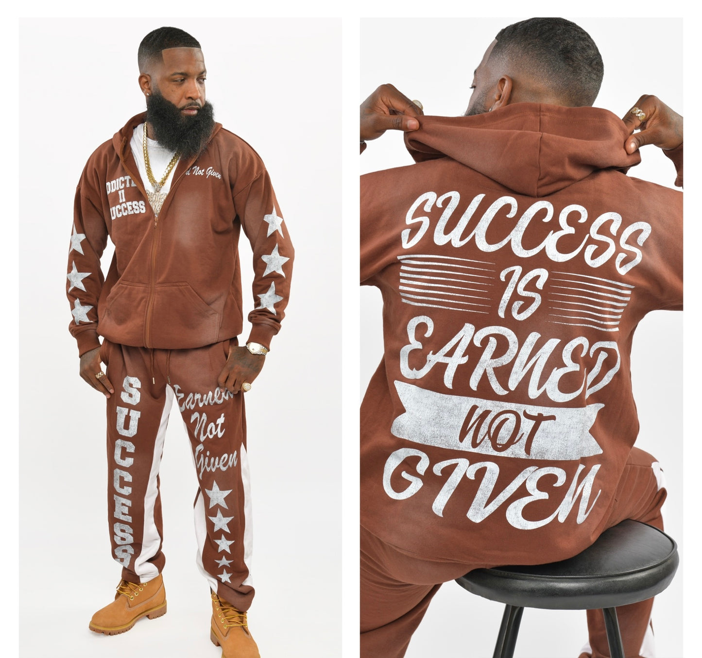 Brown- "Success is Earned Not Given" Zip Up Hoodie Only