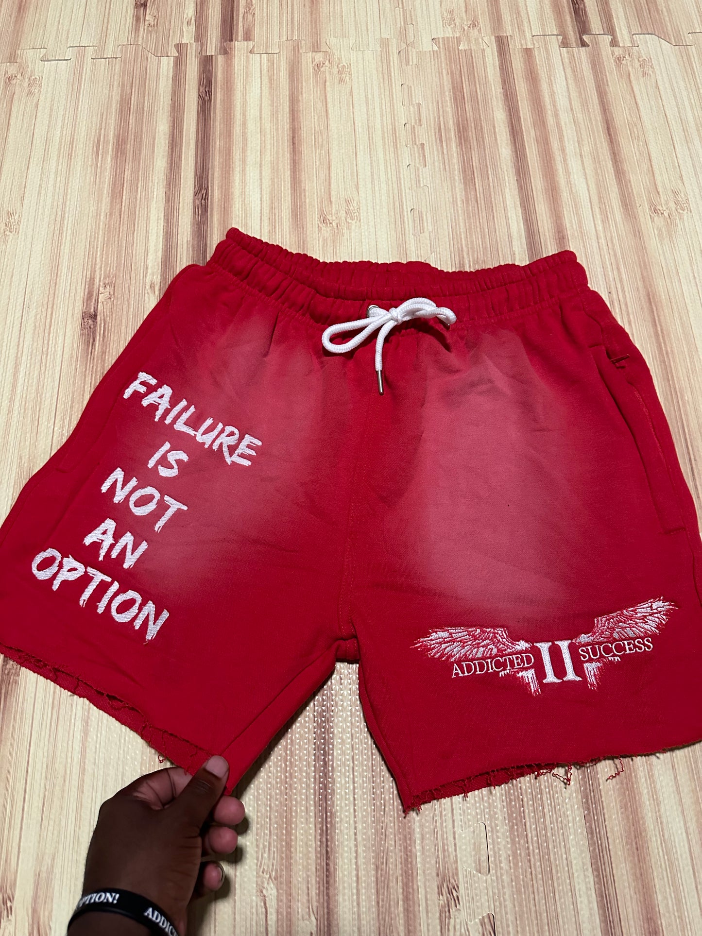 Red Embroidery (Failure is not an Option) Acid Wash Shorts w/ Hidden zipper pockets