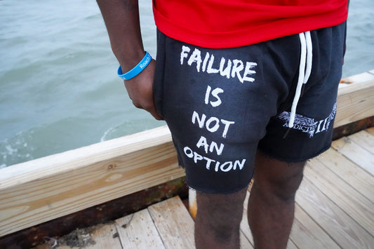 Black Embroidery (Failure is not an Option)Acid Wash Shorts w/ Hidden zipper pockets