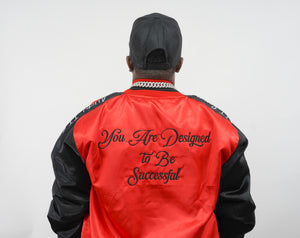 Red and Black Embroidered Satin Bomber Jacket